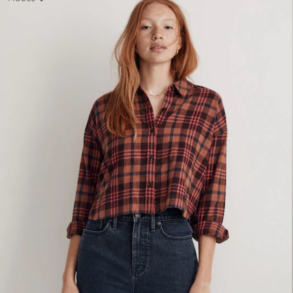 Madewell Sz Small Brown & Pink Plaid Button Down Cropped Shirt